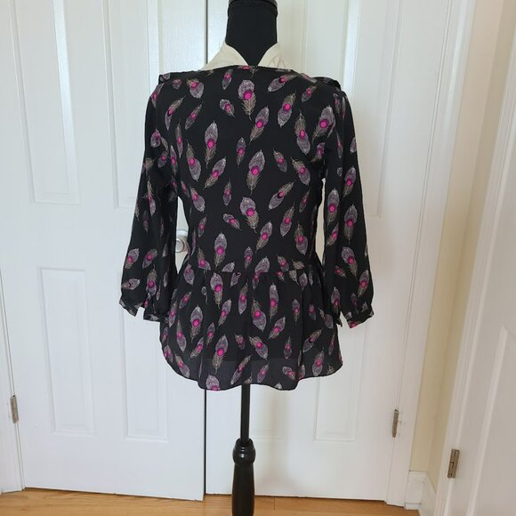 Vtg F21 Y2K Peplum Ruffle V-Neck Top Women's L Peacock Feather Black Peasant - Picture 12 of 13